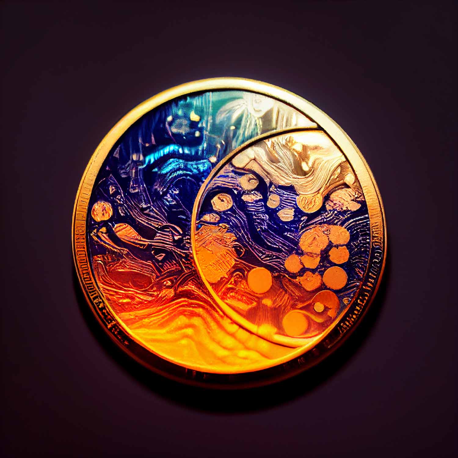 an image of a digital coin. Golden rim with colorful center. An outlined planet with flowing lines.