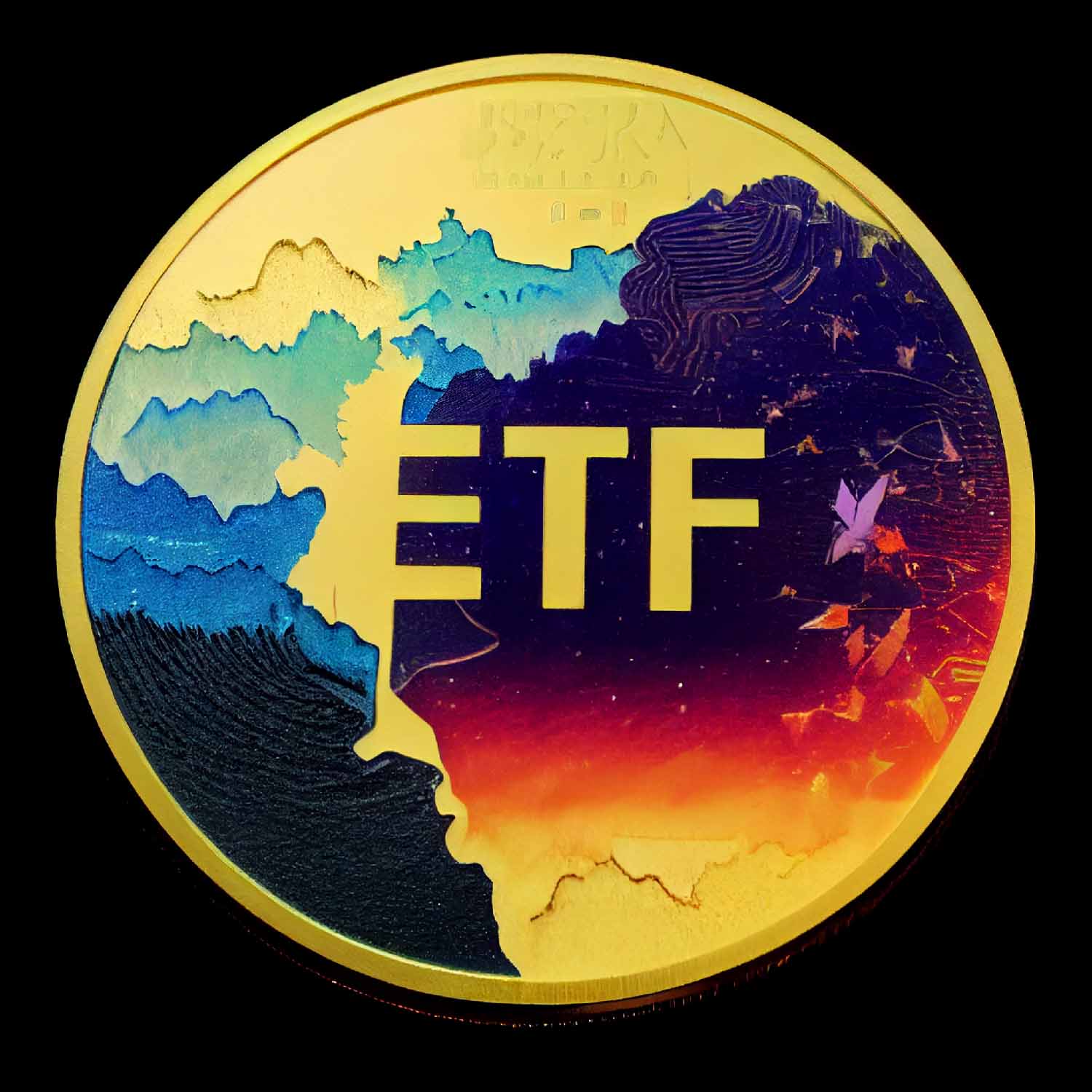 an image of a digital coin. Golden base with colorful crontrast of earth and universe. The text ETF in the center