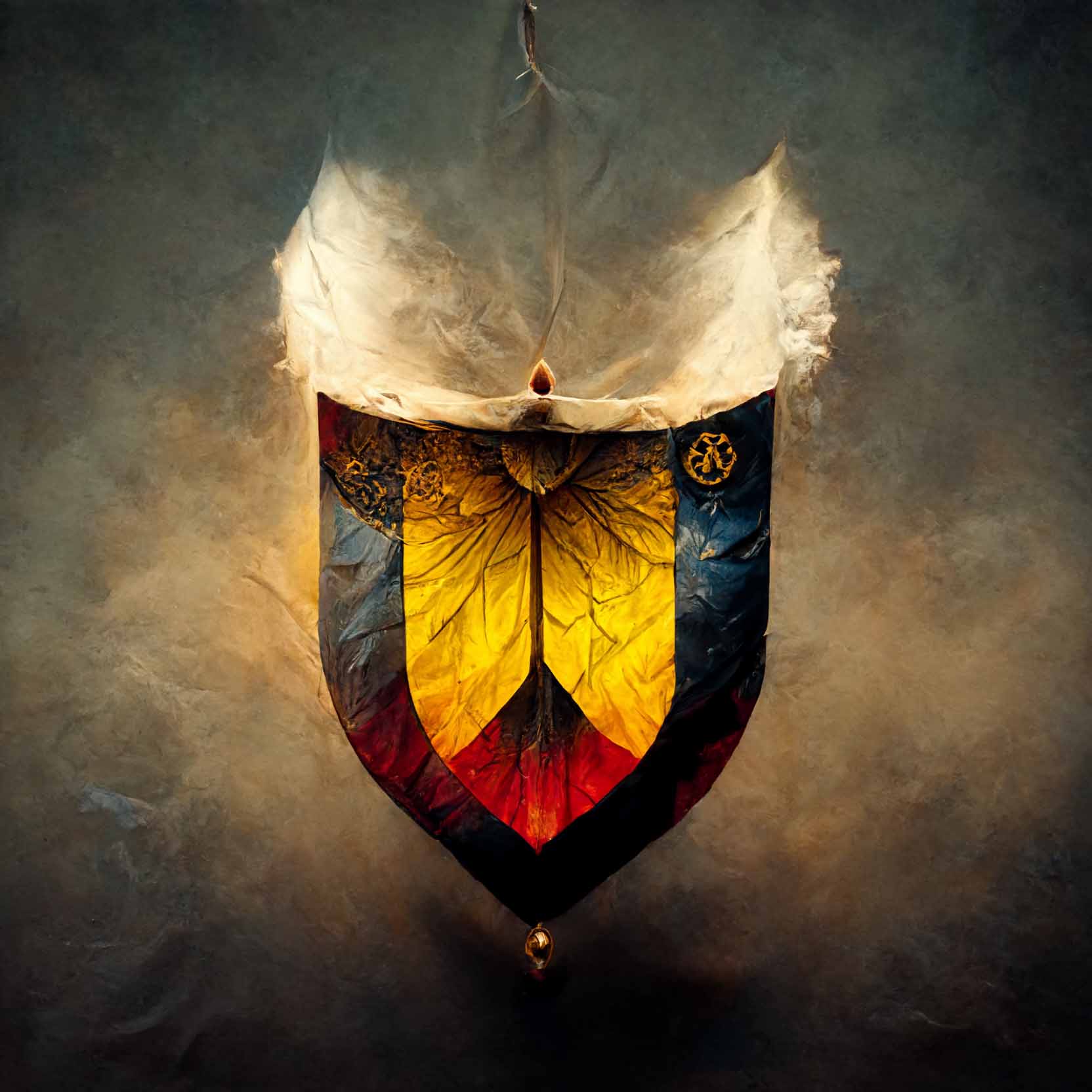 an image of a medieval emblem crest. Smoke surrounding the crest. Golden, blue and red colors